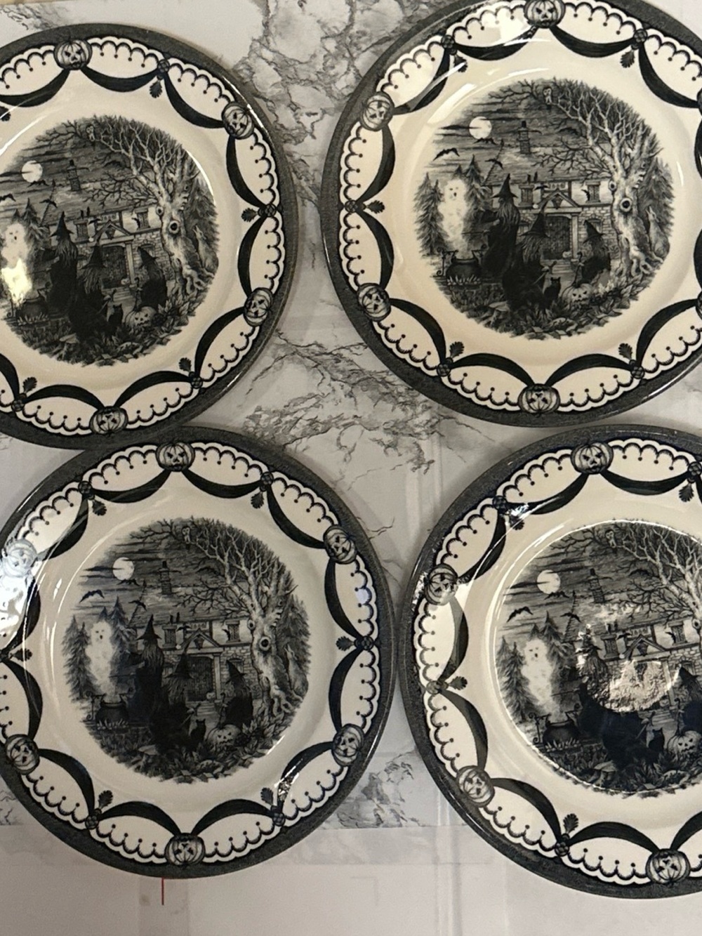 Stafford Black and White Halloween side 8.25” Plates - Set of 4